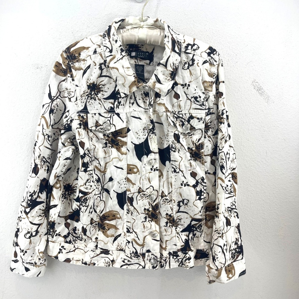 Carol Little Linen Floral Jacket Women‎ 1X White Tan Black Buttons Pocket Boho